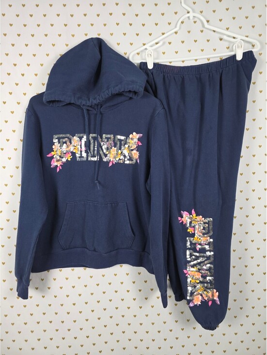 PINK Victoria's Secret Tops - Victorias Secret Pink BLING Sequined Floral Sweater SET Hoodie Sweats MED L